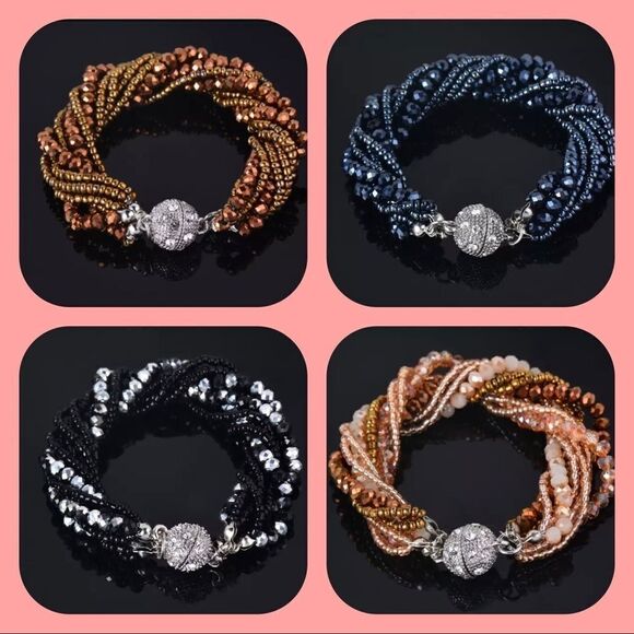 FASHION LIGHT BROWN MULTILAYER CRYSTAL BEADS BRACELET WITH MAGNETIC CLOSURE - Picture 5 of 5